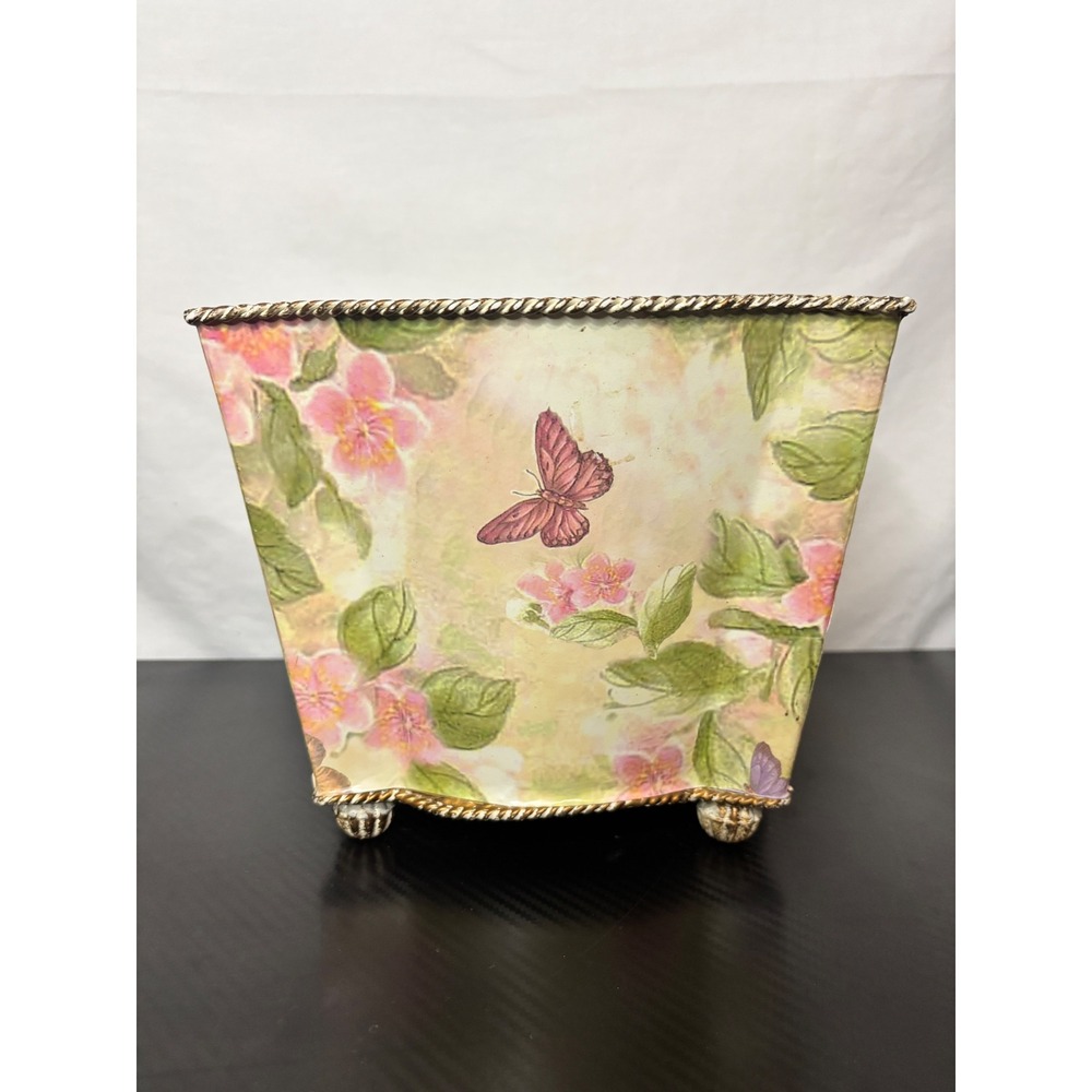 Vintage Botanical Metal Planter Butterfly Floral Footed Decorative Bin Cream